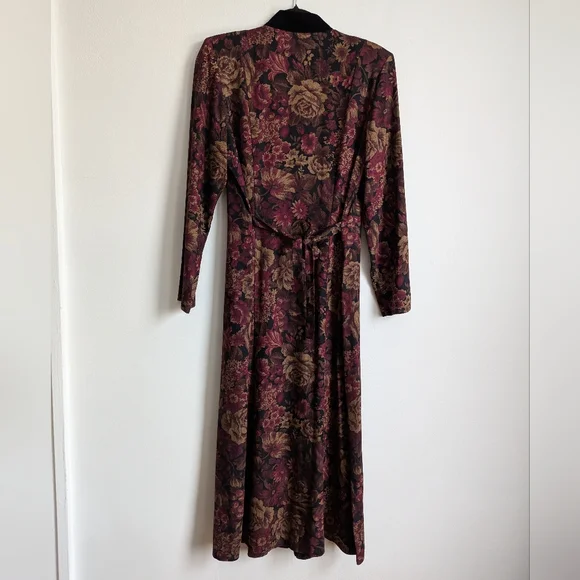 Vintage 80s Victorian Gothic Floral Prairie Dress With Velvet Collar 8 Burgundy - Picture 2 of 8